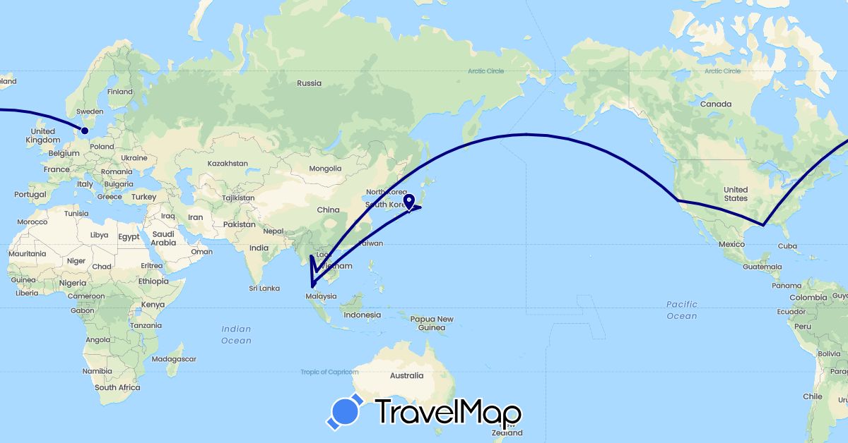 TravelMap itinerary: driving in Denmark, Japan, Thailand, United States (Asia, Europe, North America)